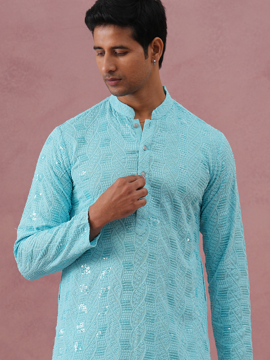 DesiQlo Men Embroidered Kurta Only - Blue - 65KO_5331Sky_S