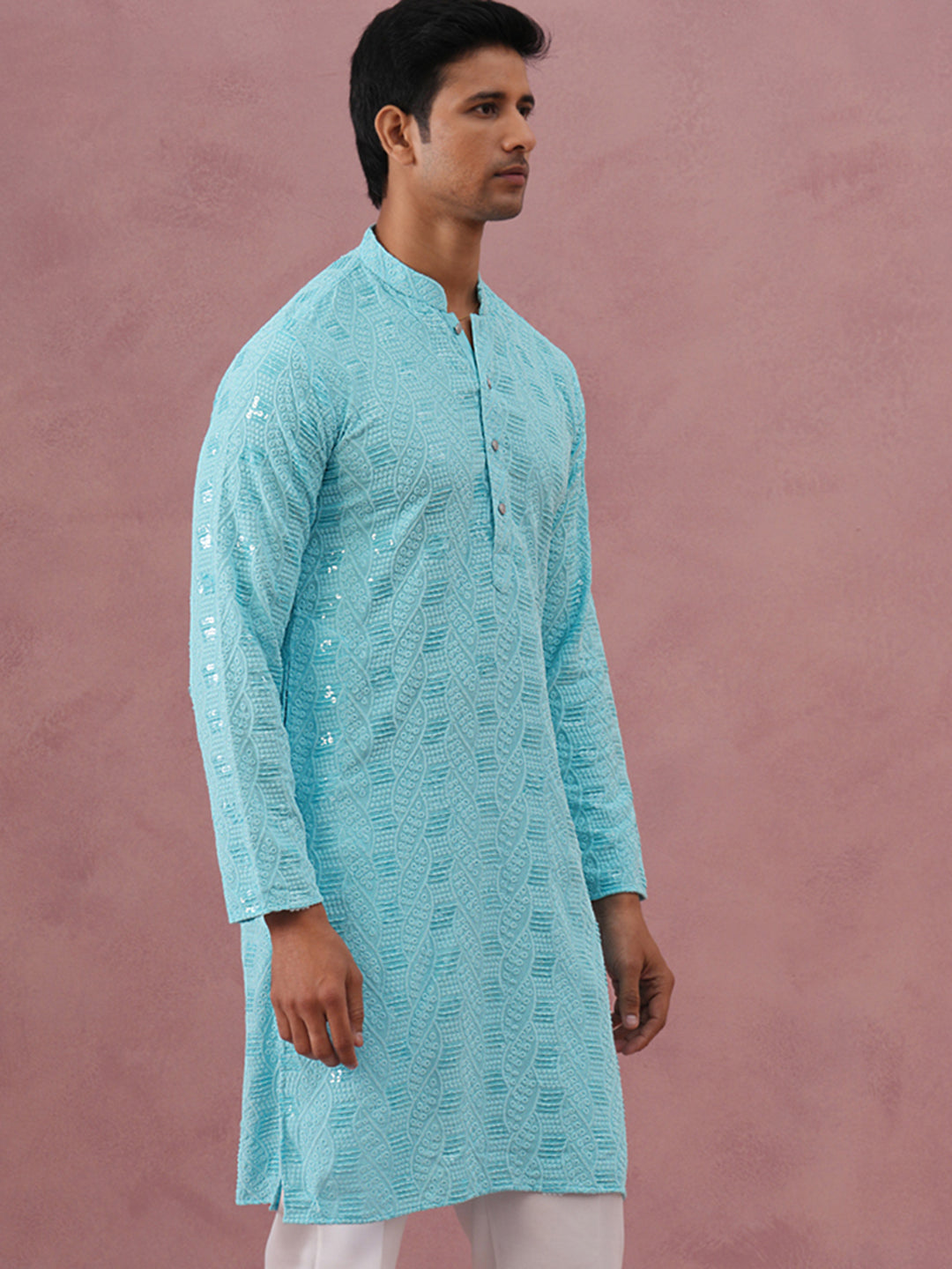 DesiQlo Men Embroidered Kurta Only - Blue - 65KO_5331Sky_S