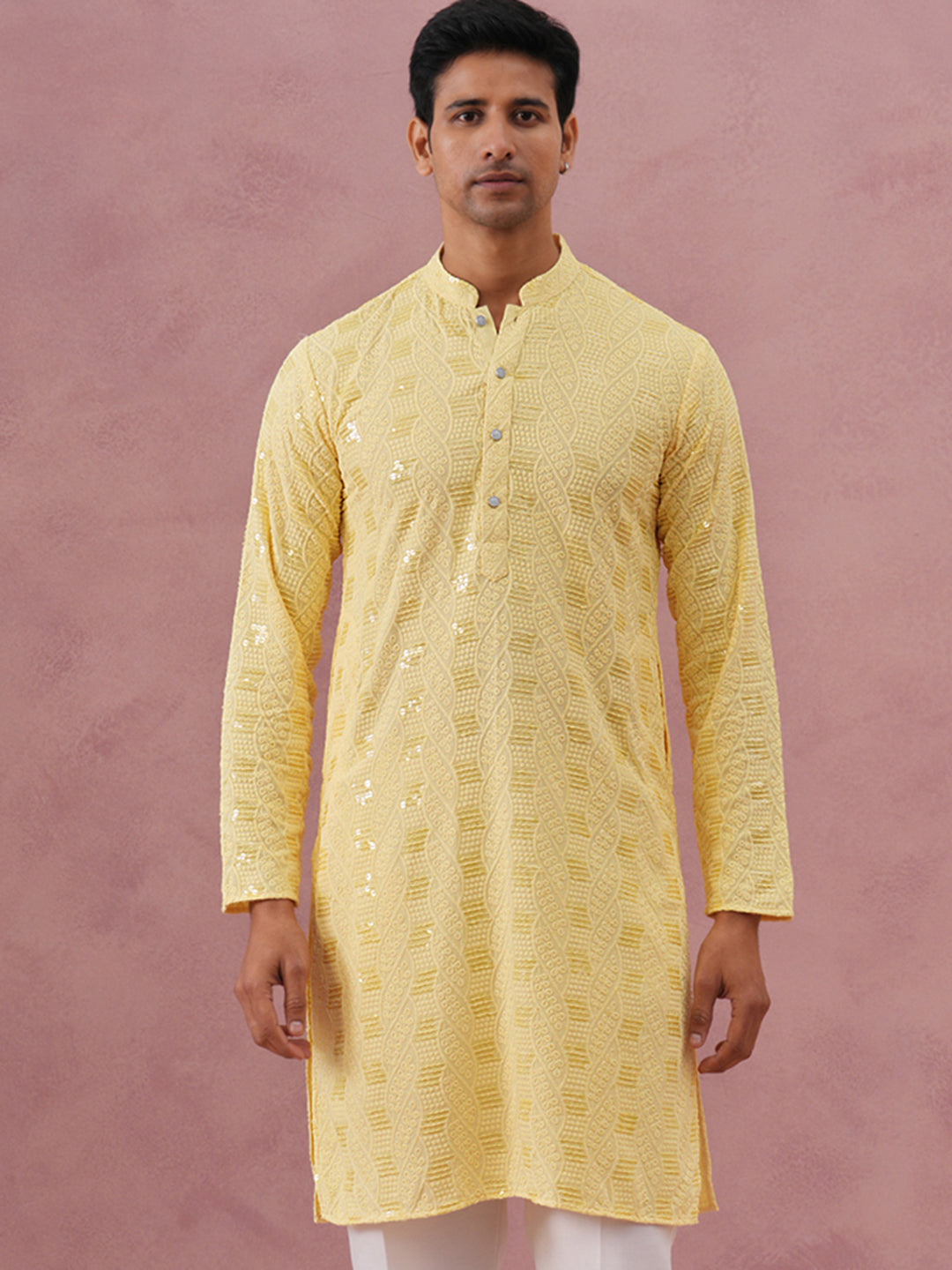 DesiQlo Men Embroidered Kurta Only - Yellow - 65KO_5331Yellow_S