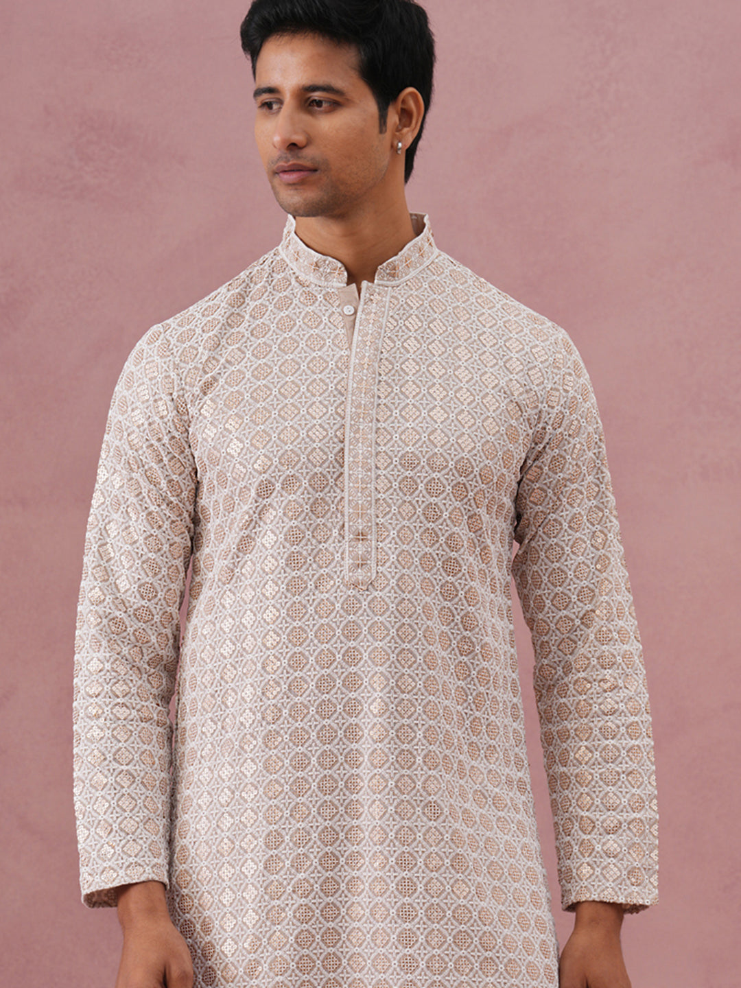 Men’s Rayon Sequin Embroidered Kurta (65KO 5332 Beige ) [FF] [E-8-7]