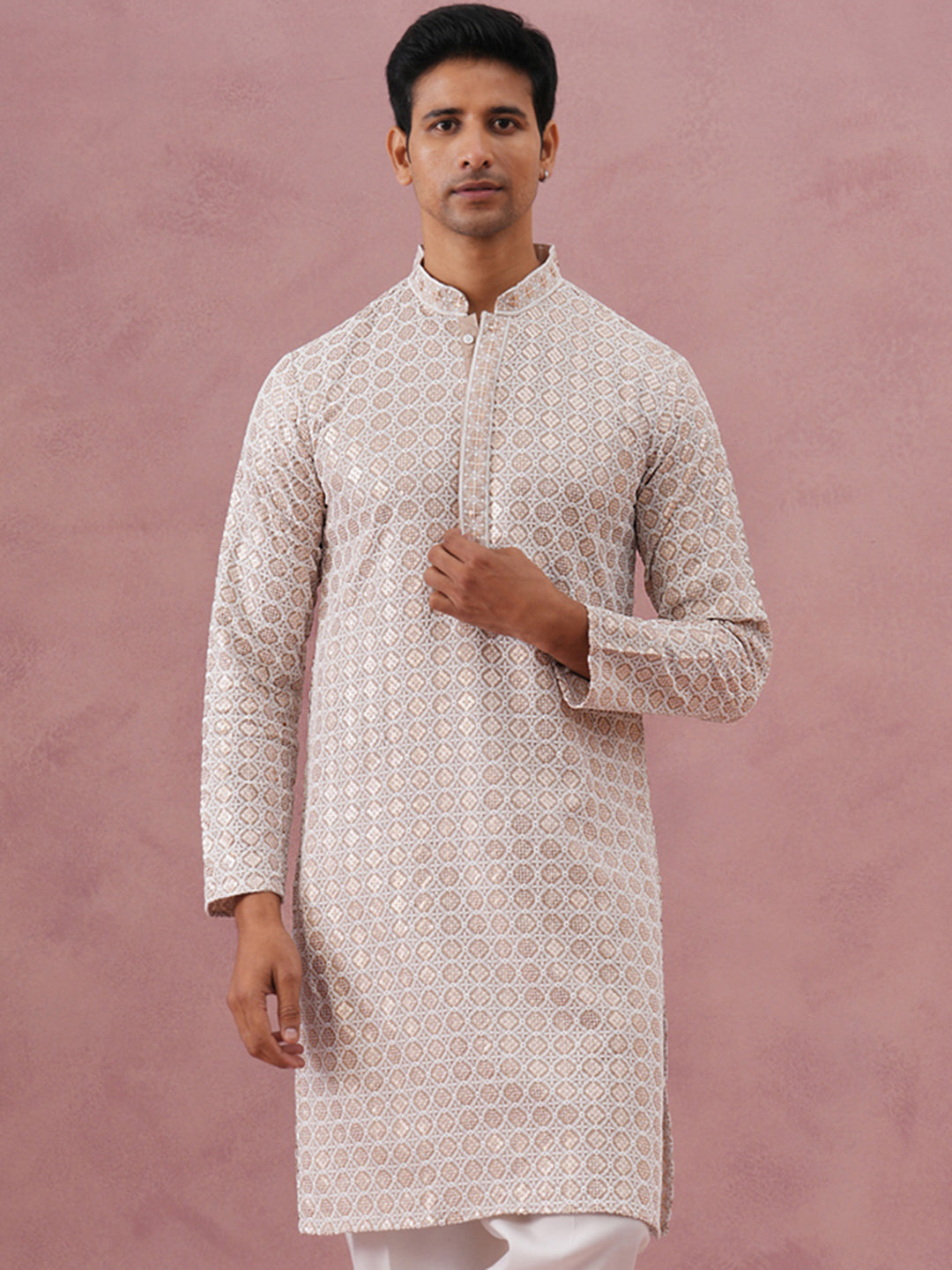 DesiQlo Men Embroidered Kurta Only - Beige - 65KO_5332Beige_S