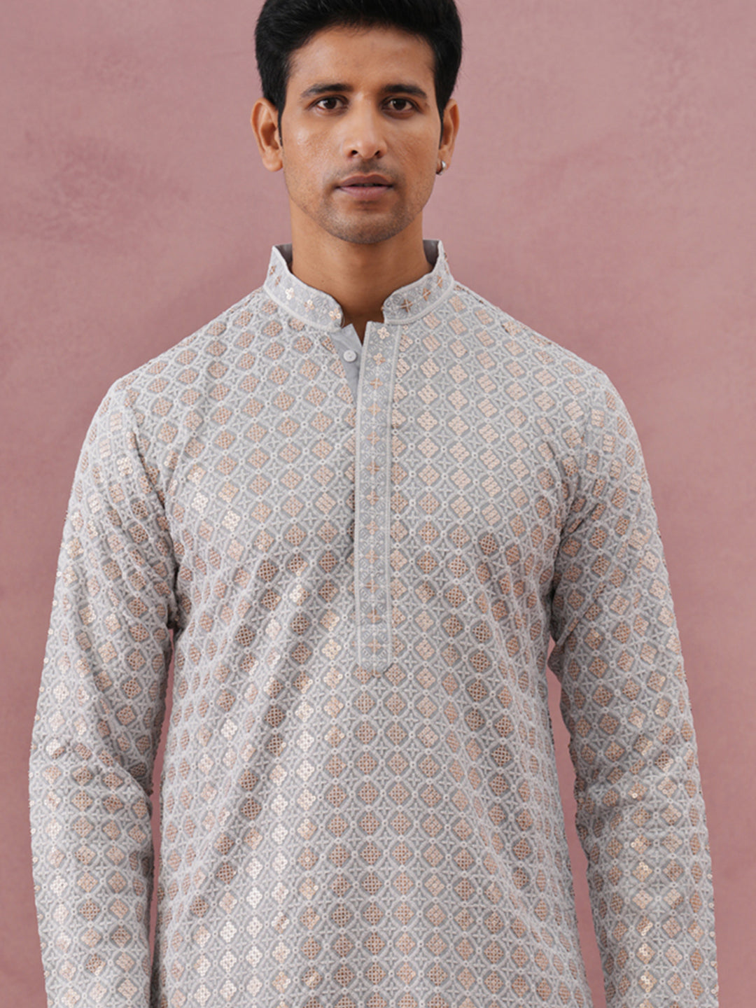 Men’s Rayon Sequin Embroidered Kurta (65KO 5332 Grey ) [FF] [E-8-7]