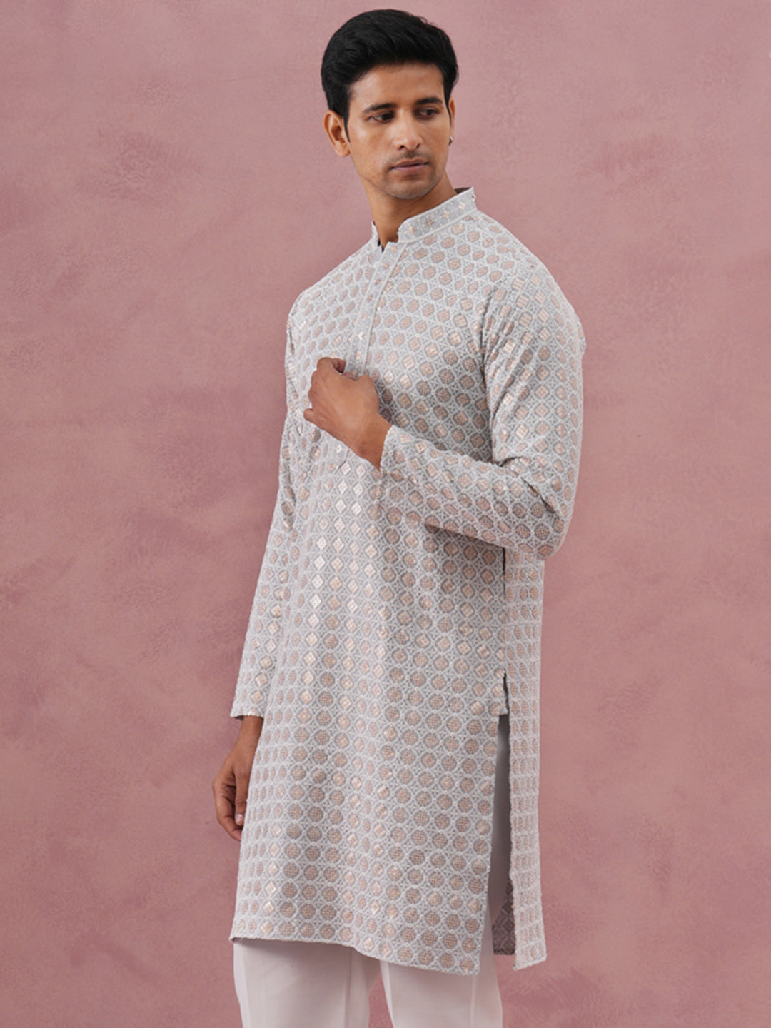 DesiQlo Men Embroidered Kurta Only - Grey - 65KO_5332Grey_S