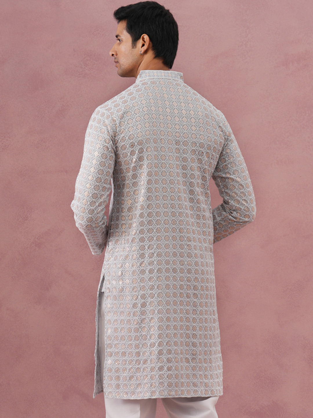 DesiQlo Men Embroidered Kurta Only - Grey - 65KO_5332Grey_S