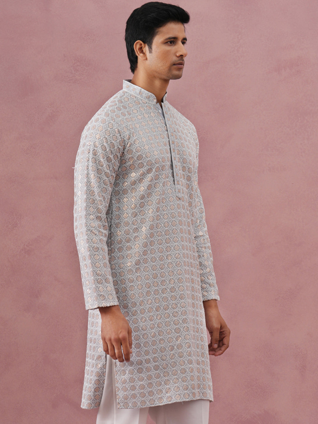 DesiQlo Men Embroidered Kurta Only - Grey - 65KO_5332Grey_S