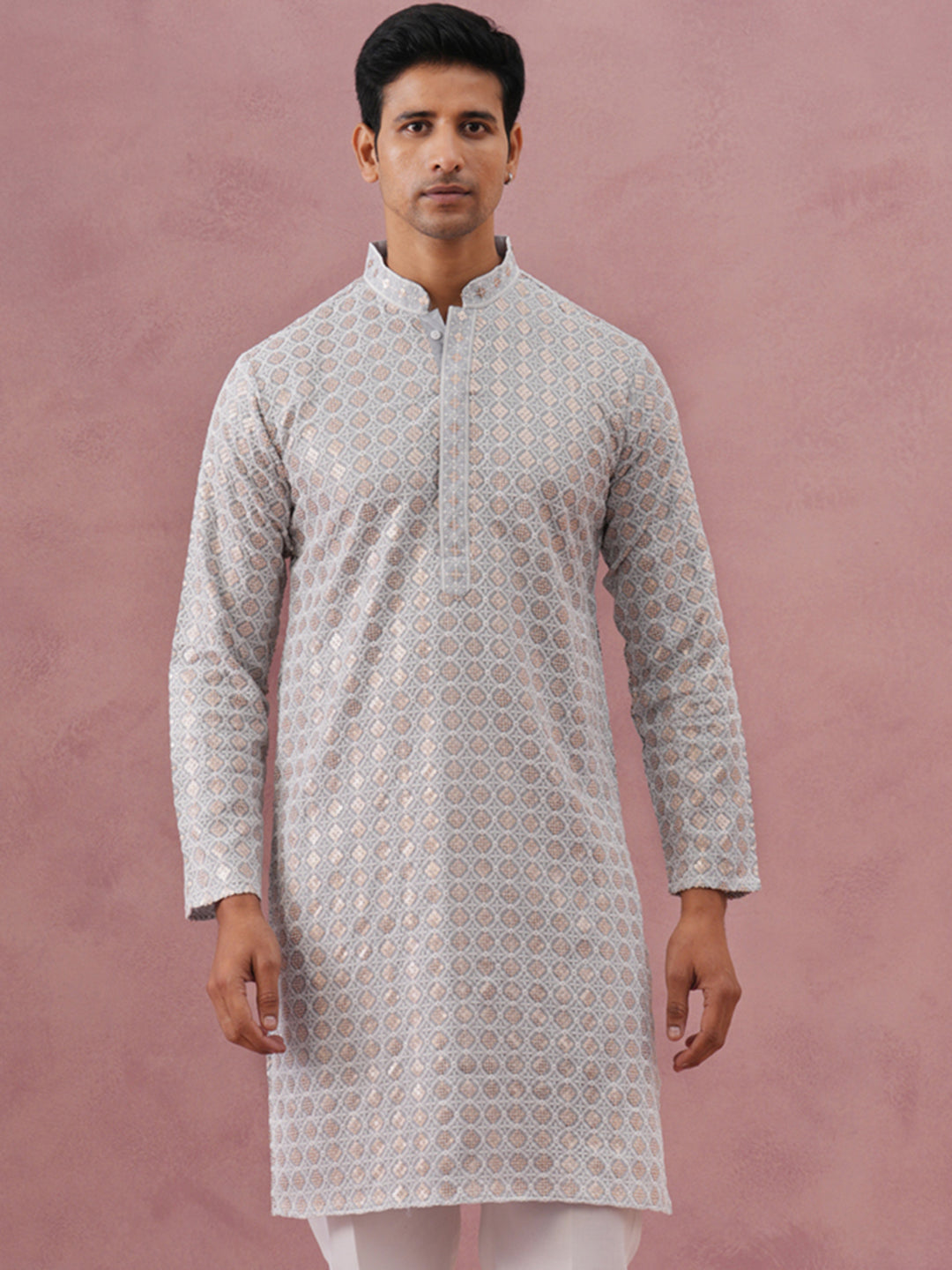 DesiQlo Men Embroidered Kurta Only - Grey - 65KO_5332Grey_S