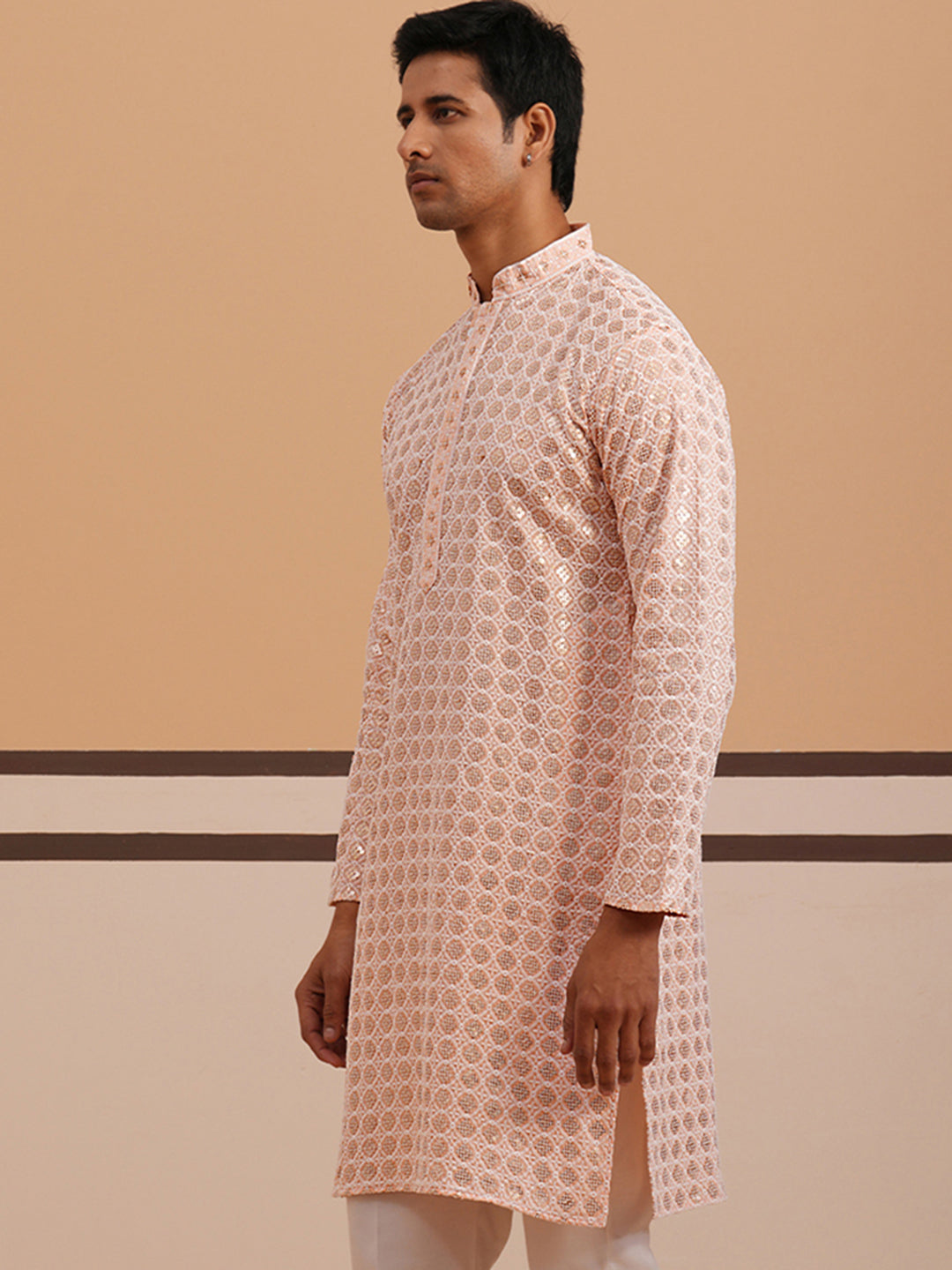 DesiQlo Men Embroidered Kurta Only - Orange - 65KO_5332Peach_S