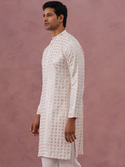 Men’s Rayon Sequin Embroidered Kurta (65KO 5332 White ) [FF] [E-8-7]