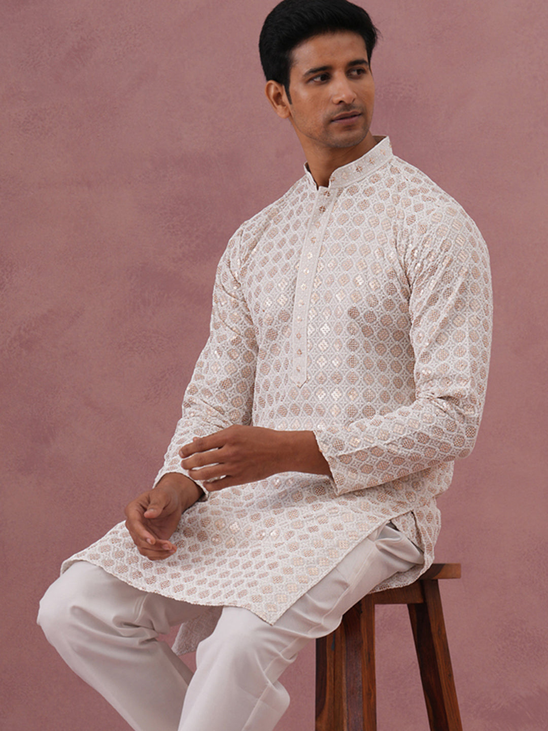 DesiQlo Men Embroidered Kurta Only - White - 65KO_5332White_S