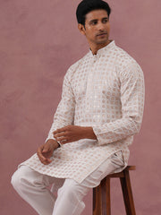 Men’s Rayon Sequin Embroidered Kurta (65KO 5332 White ) [FF] [E-8-7]