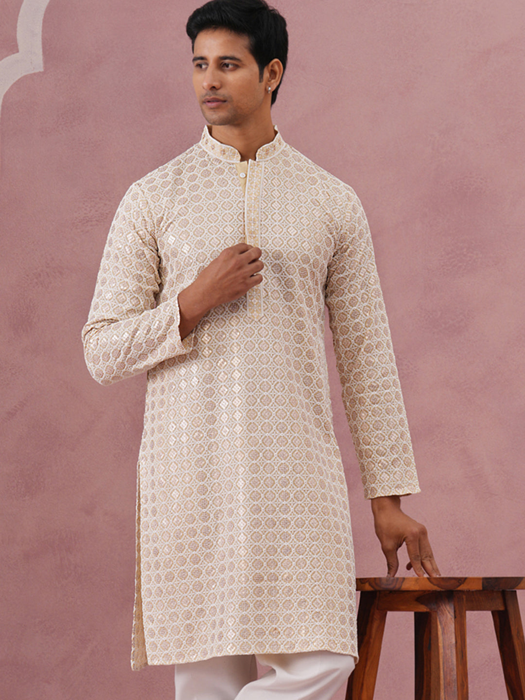DesiQlo Men Embroidered Kurta Only - Yellow - 65KO_5332Yellow_S