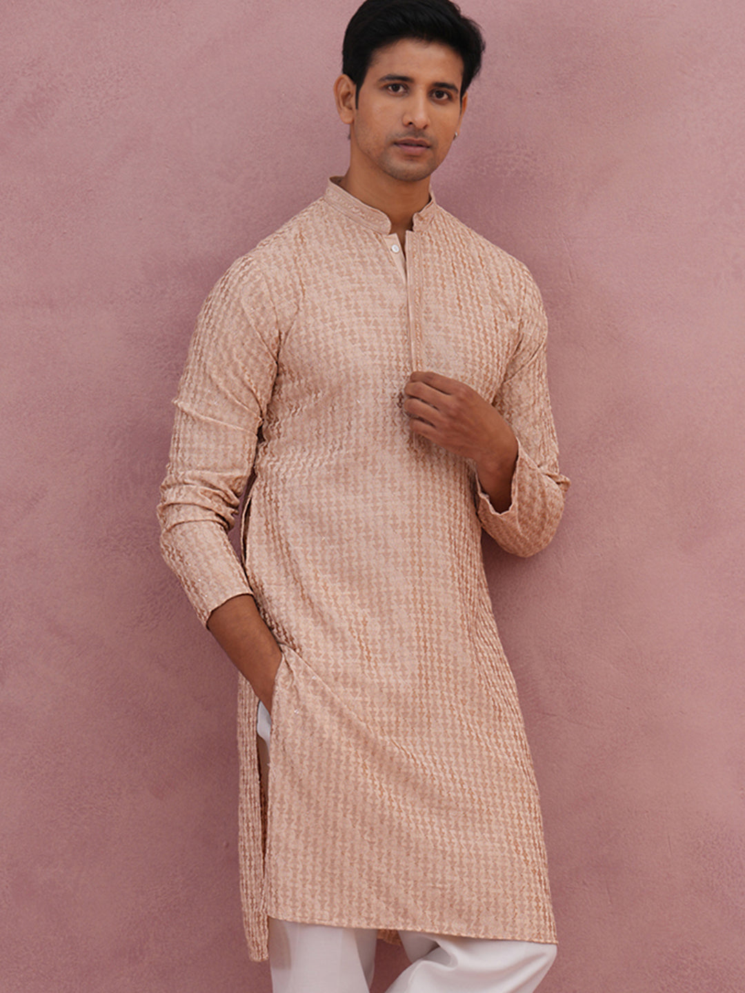DesiQlo Men Embroidered Kurta Only - Beige - 65KO_5333Beige_S