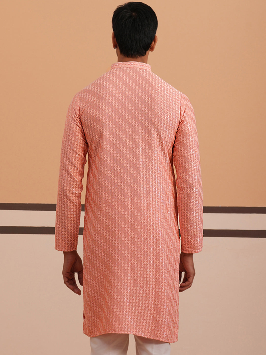 DesiQlo Men Embroidered Kurta Only - Orange - 65KO_5333Peach_S