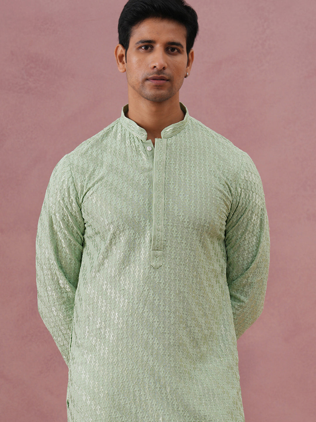 DesiQlo Men Embroidered Kurta Only - Green - 65KO_5333Pista_S
