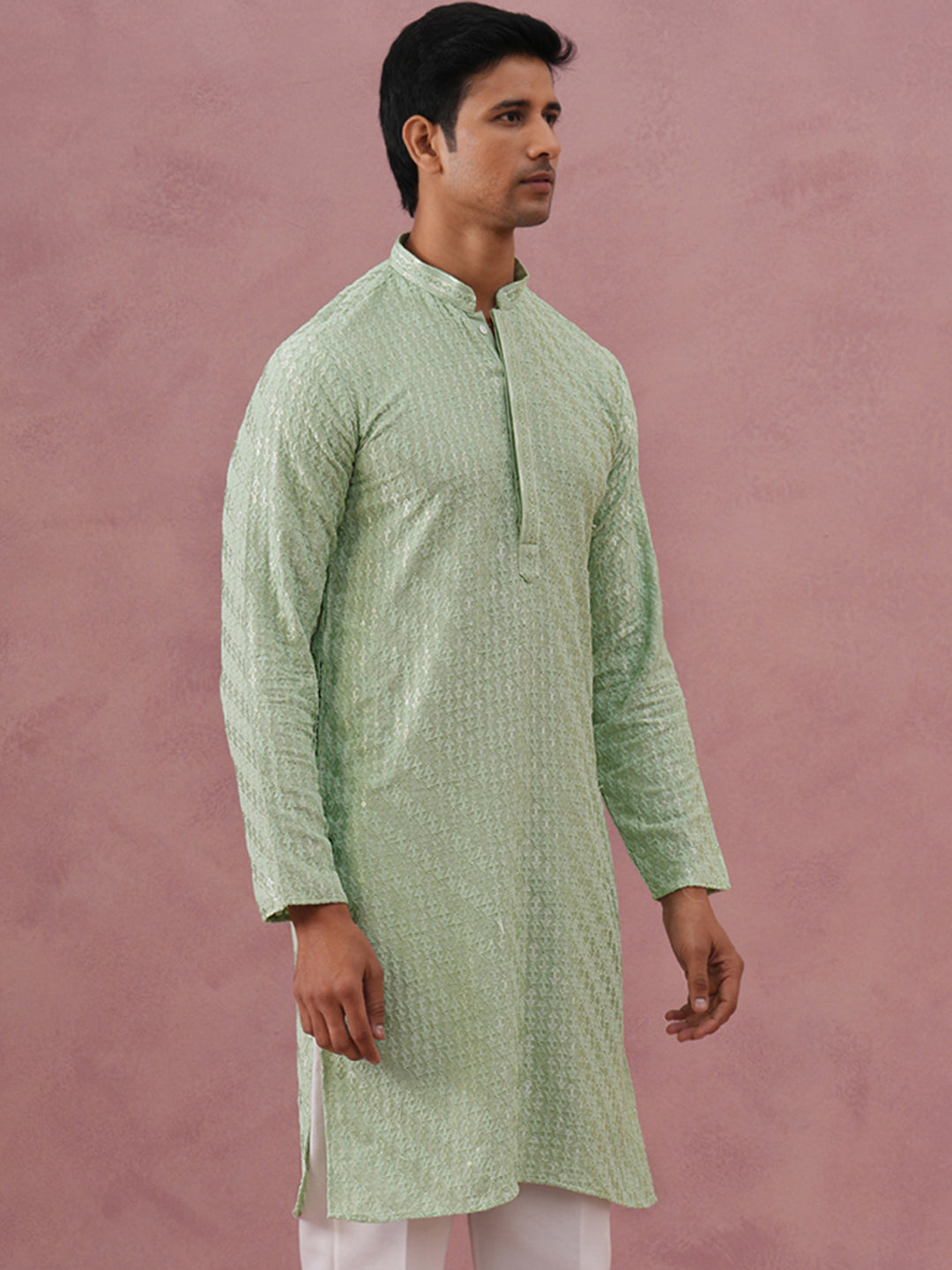 DesiQlo Men Embroidered Kurta Only - Green - 65KO_5333Pista_S
