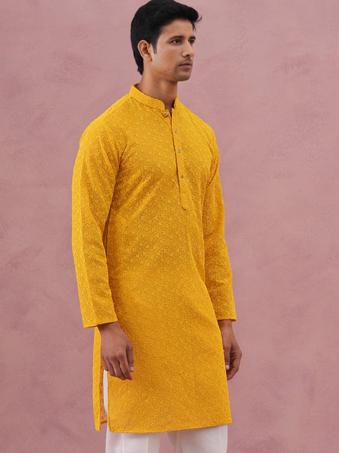 DesiQlo Men Embroidered Kurta Only - Yellow - 65KO_5334Yellow_S