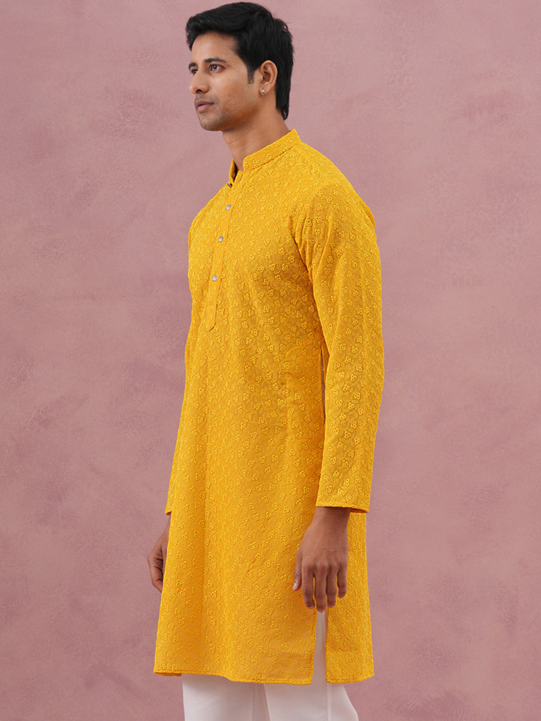 DesiQlo Men Embroidered Kurta Only - Yellow - 65KO_5334Yellow_S