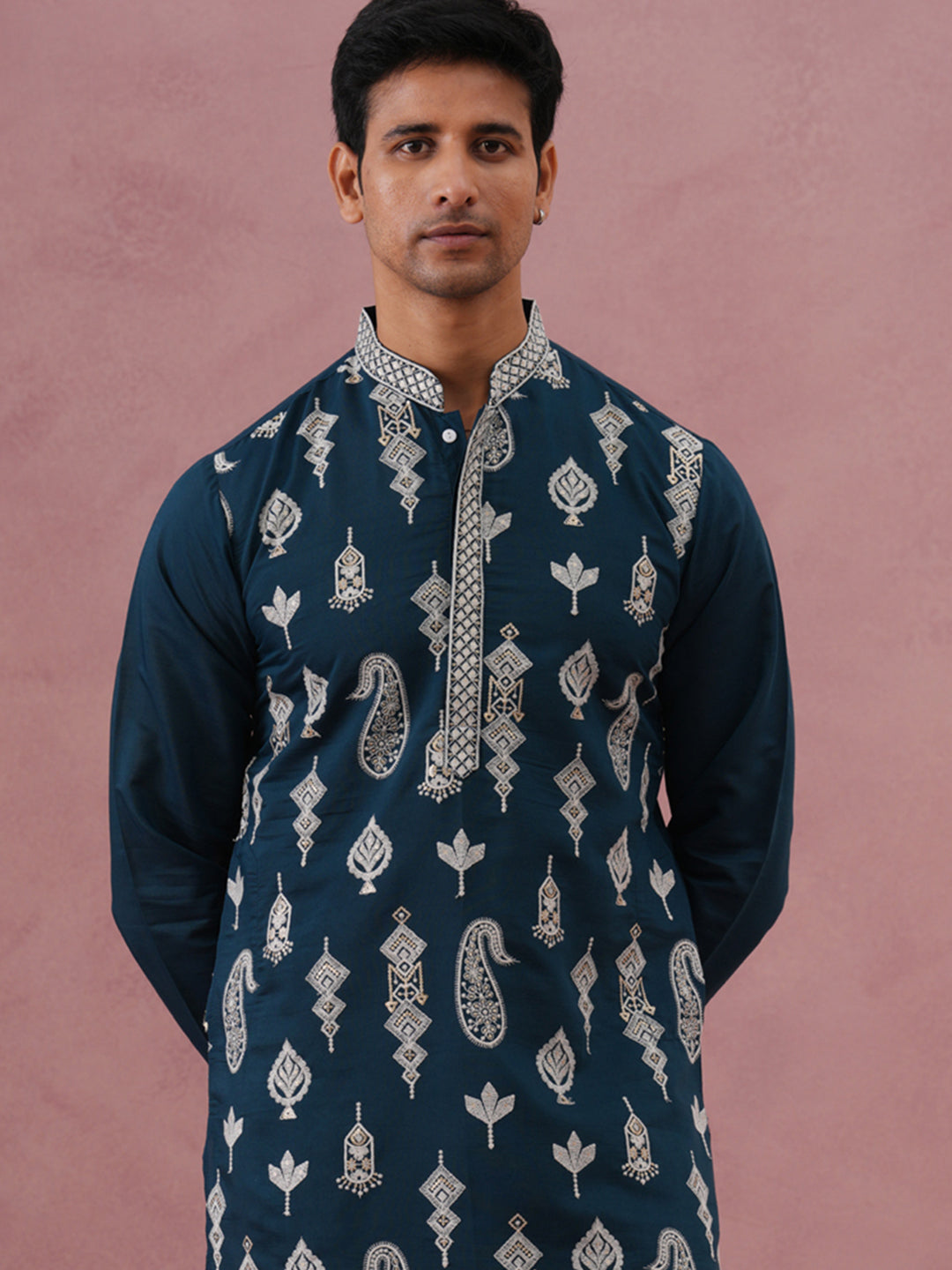 DesiQlo Men Embroidered Kurta Only - Multicolor - 65KO_5335Peacock_S