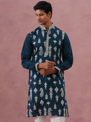 Silk Blend Ethnic Embroidered Kurta for Men ( 65KO 5335 Peacock ) [FF] [B-1-2]