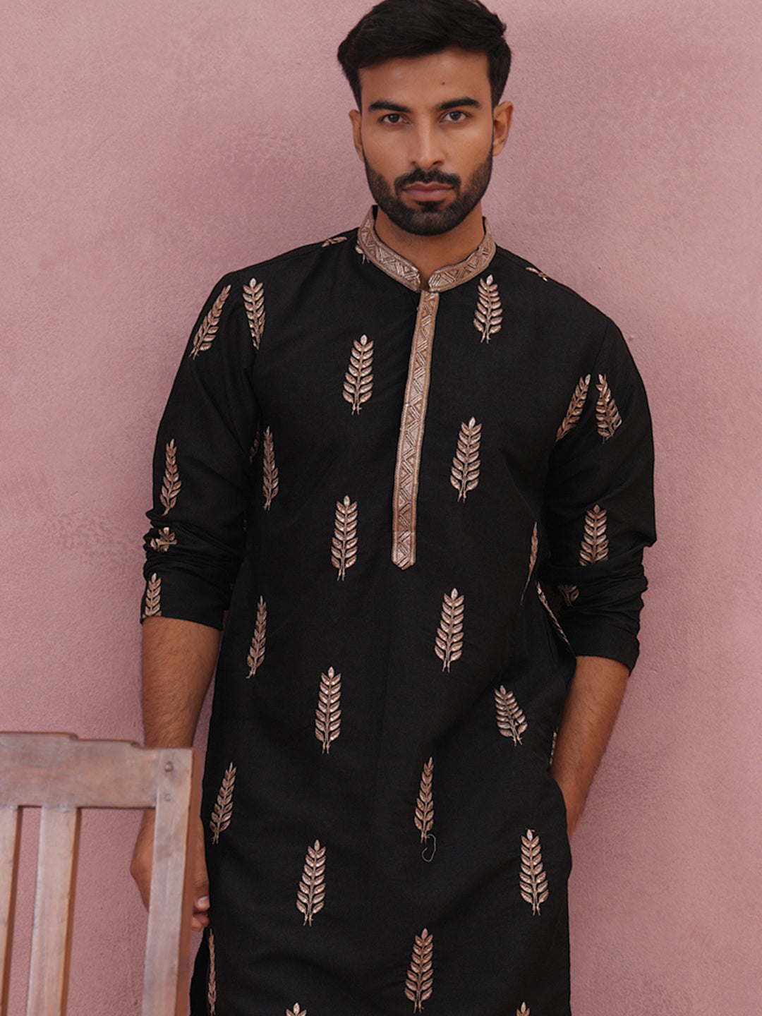 Men's Silk Blend Embroidered Kurta (65KO 5336 Black ) [FF] [J-1]