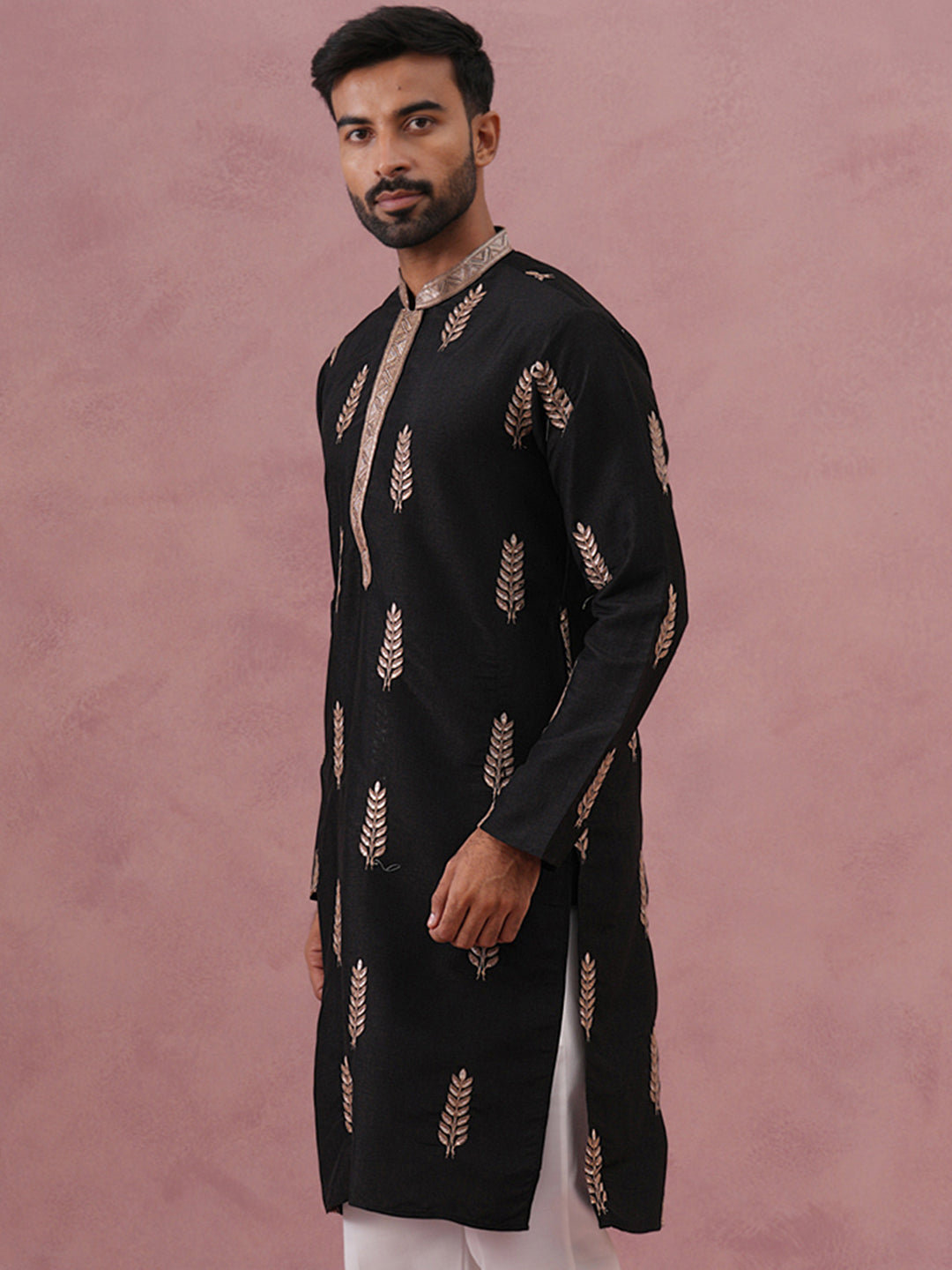 DesiQlo Men Embroidered Kurta Only - Black - 65KO_5336Black_S