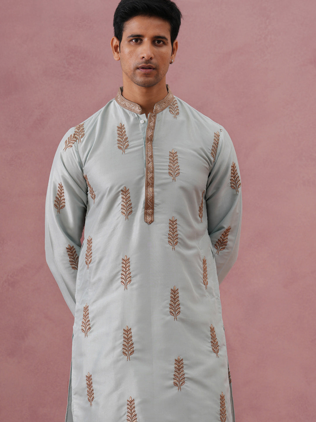 DesiQlo Men Embroidered Kurta Only - Blue - 65KO_5336Sky_S