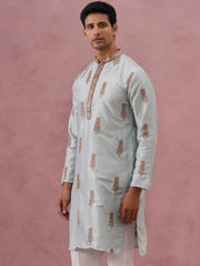 Men's Silk Blend Embroidered Kurta ( 65KO 5336 Sky ) [FF] [J-1]