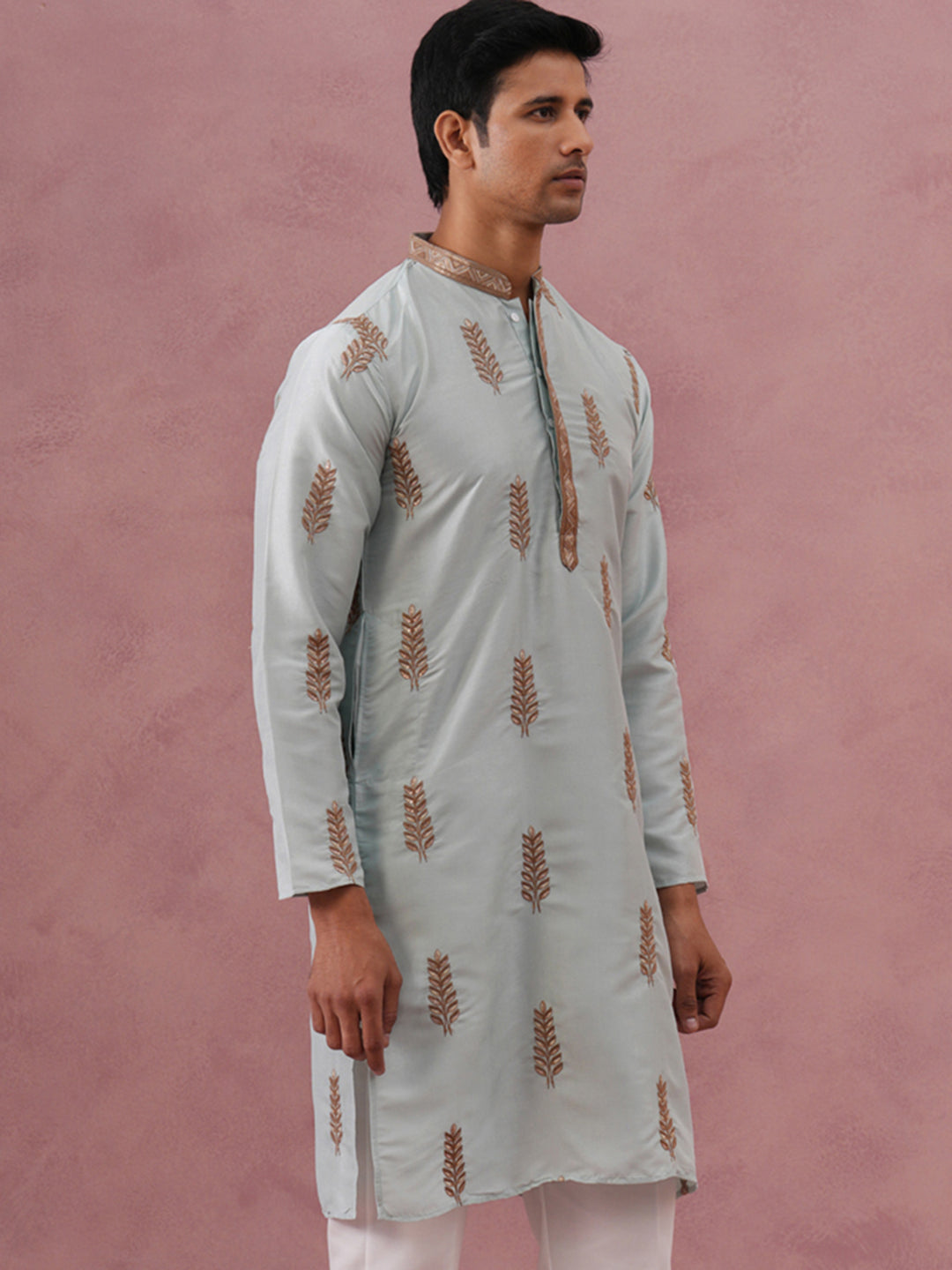 DesiQlo Men Embroidered Kurta Only - Blue - 65KO_5336Sky_S