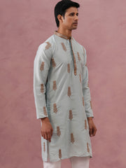 Men's Silk Blend Embroidered Kurta ( 65KO 5336 Sky ) [FF] [J-1]