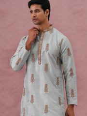 Men's Silk Blend Embroidered Kurta ( 65KO 5336 Sky ) [FF] [J-1]