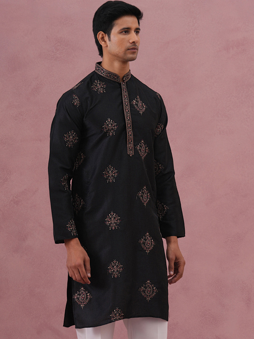DesiQlo Men Embroidered Kurta Only - Black - 65KO_5337Black_S