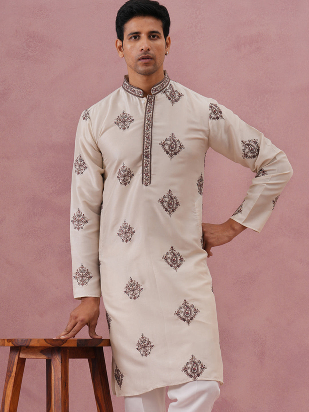 DesiQlo Men Embroidered Kurta Only - Beige - 65KO_5337Cream_S