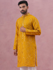 Men's Embroidered Silk Blend Kurta ( 65KO 5338 Mustard ) [FF] [A-1-4]