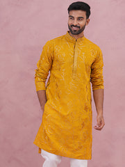 Men's Embroidered Silk Blend Kurta ( 65KO 5338 Mustard ) [FF] [A-1-4]