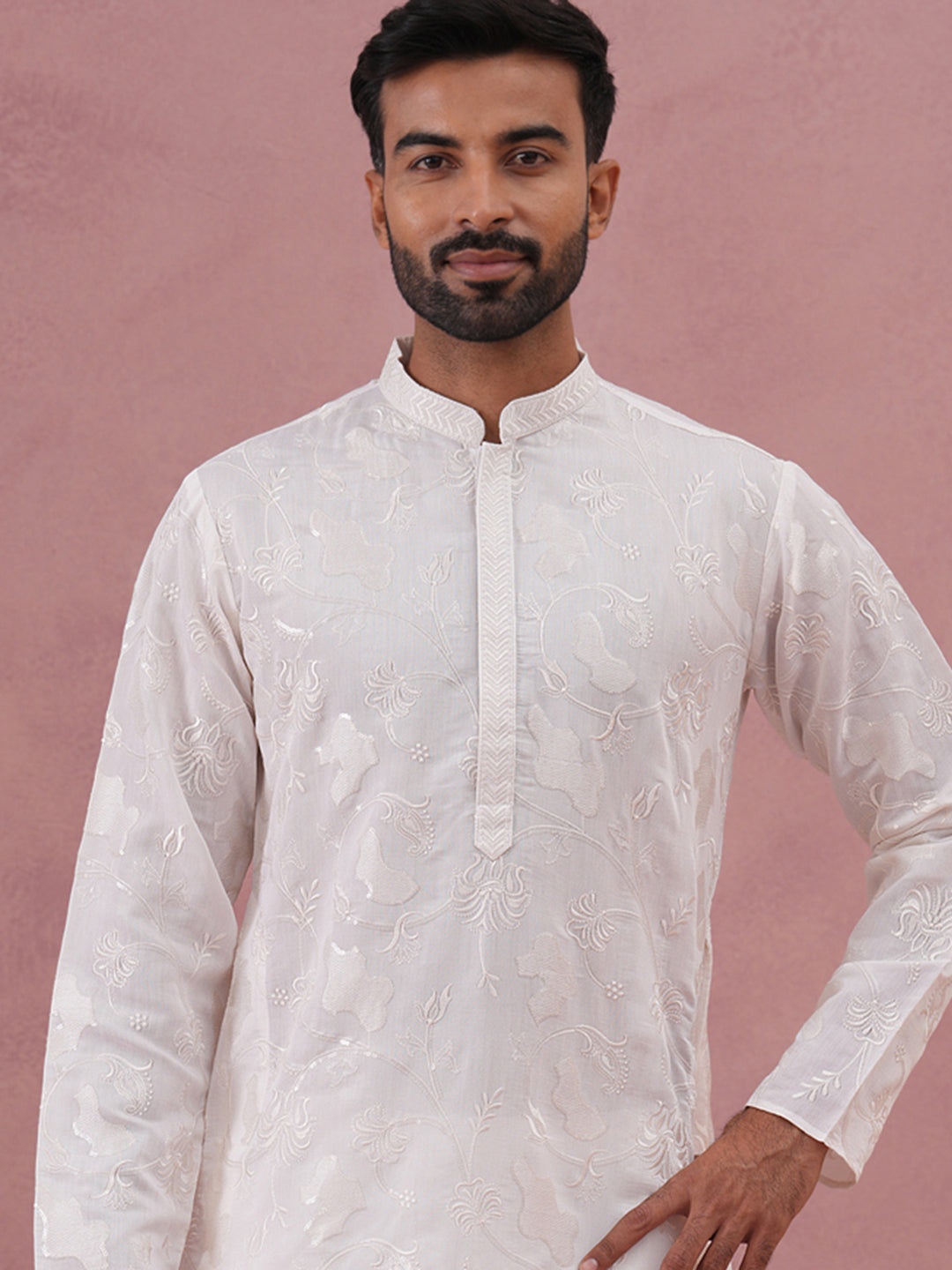 DesiQlo Men Embroidered Kurta Only - White - 65KO_5338White_S