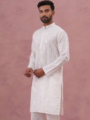 Men's Embroidered Silk Blend Kurta (65KO 5338 White ) [FF] [A-1-4]