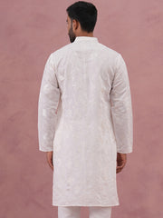 Men's Embroidered Silk Blend Kurta (65KO 5338 White ) [FF] [A-1-4]