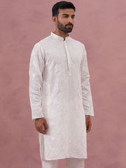 Men's Embroidered Silk Blend Kurta (65KO 5338 White ) [FF] [A-1-4]