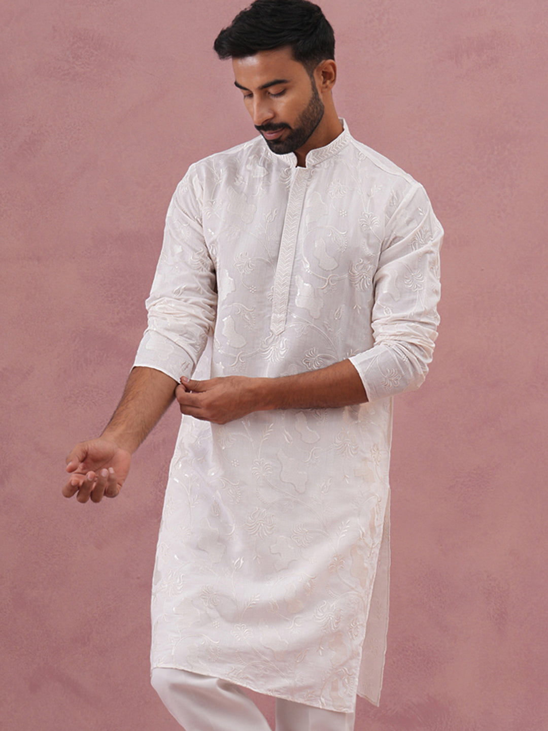 DesiQlo Men Embroidered Kurta Only - White - 65KO_5338White_S
