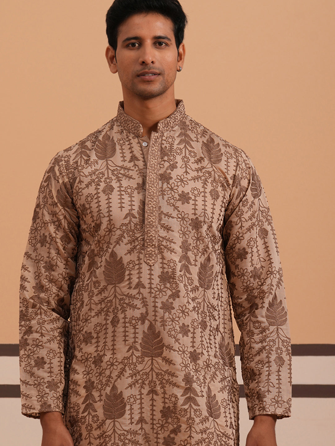 DesiQlo Men Embroidered Kurta Only - Brown - 65KO_5339Brown_S