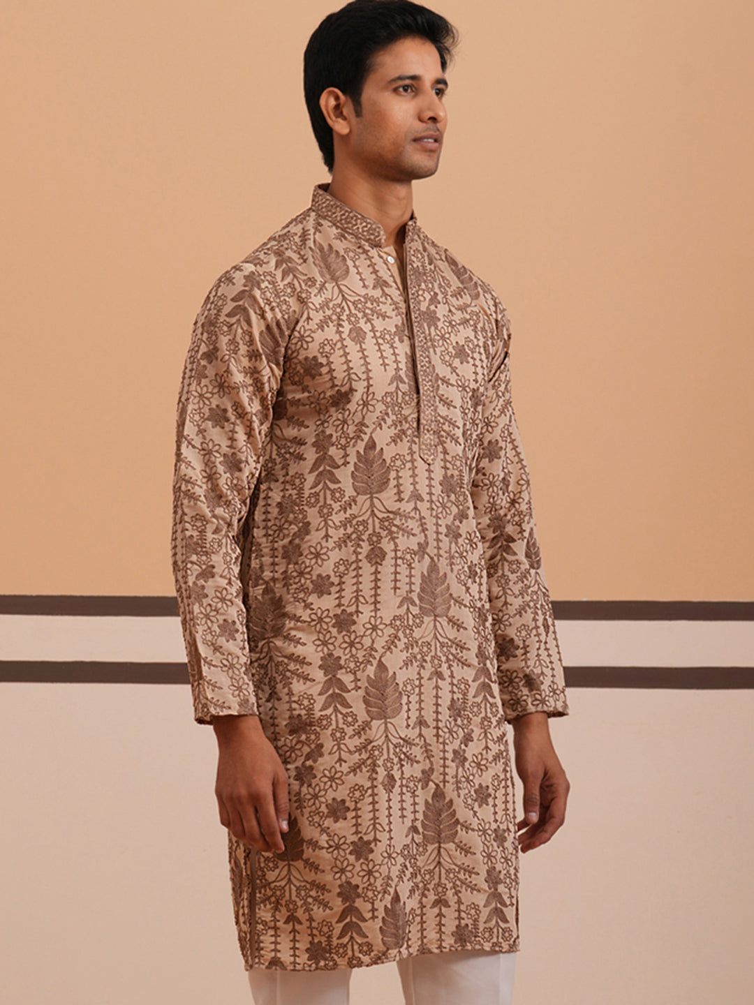 DesiQlo Men Embroidered Kurta Only - Brown - 65KO_5339Brown_S