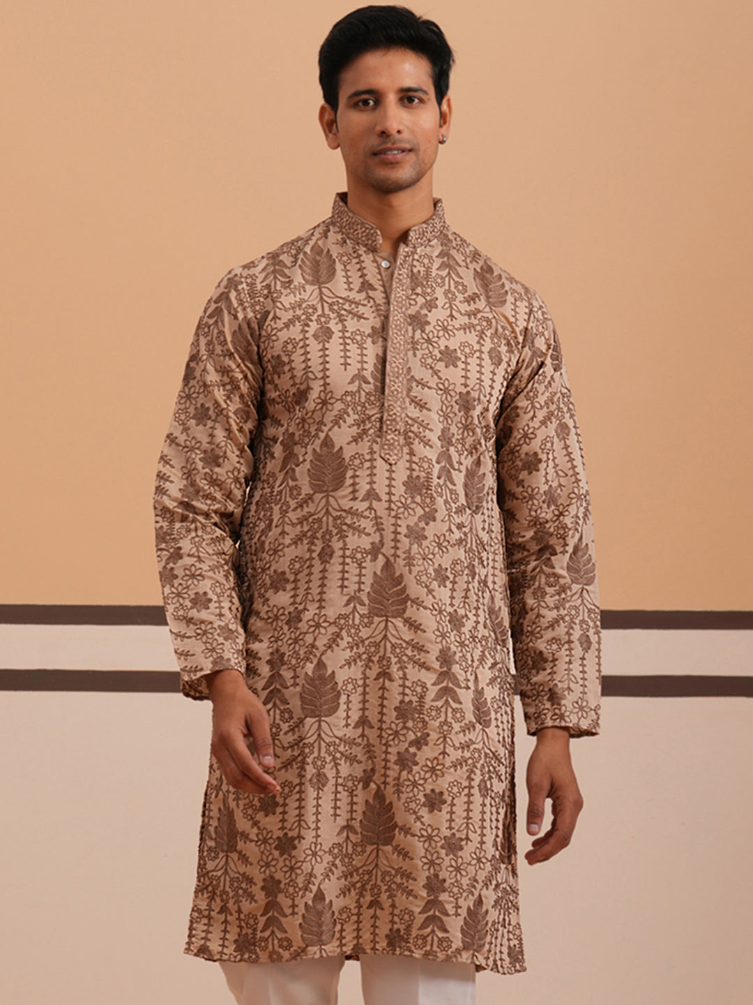 DesiQlo Men Embroidered Kurta Only - Brown - 65KO_5339Brown_S