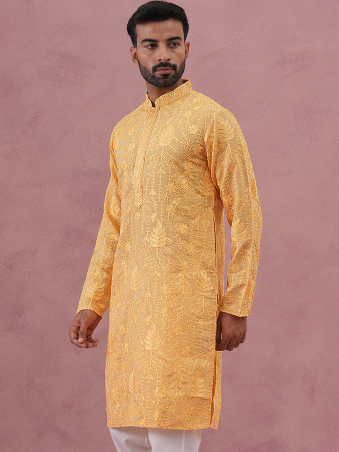 DesiQlo Men Embroidered Kurta Only - Yellow - 65KO_5339Yellow_S