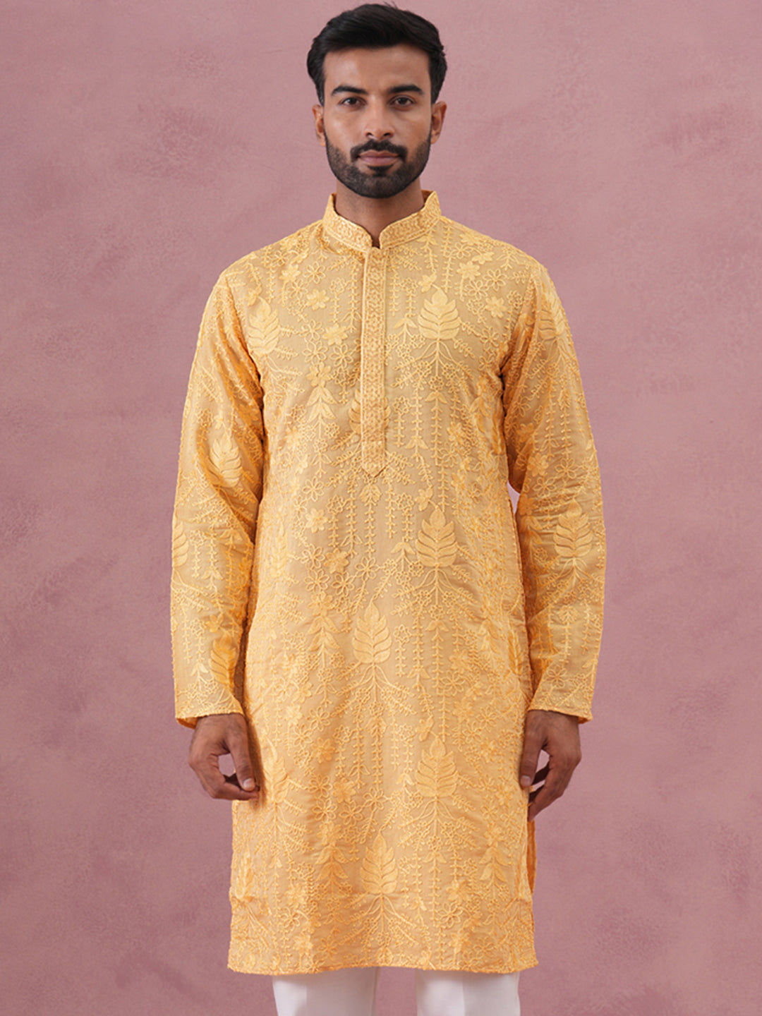 DesiQlo Men Embroidered Kurta Only - Yellow - 65KO_5339Yellow_S