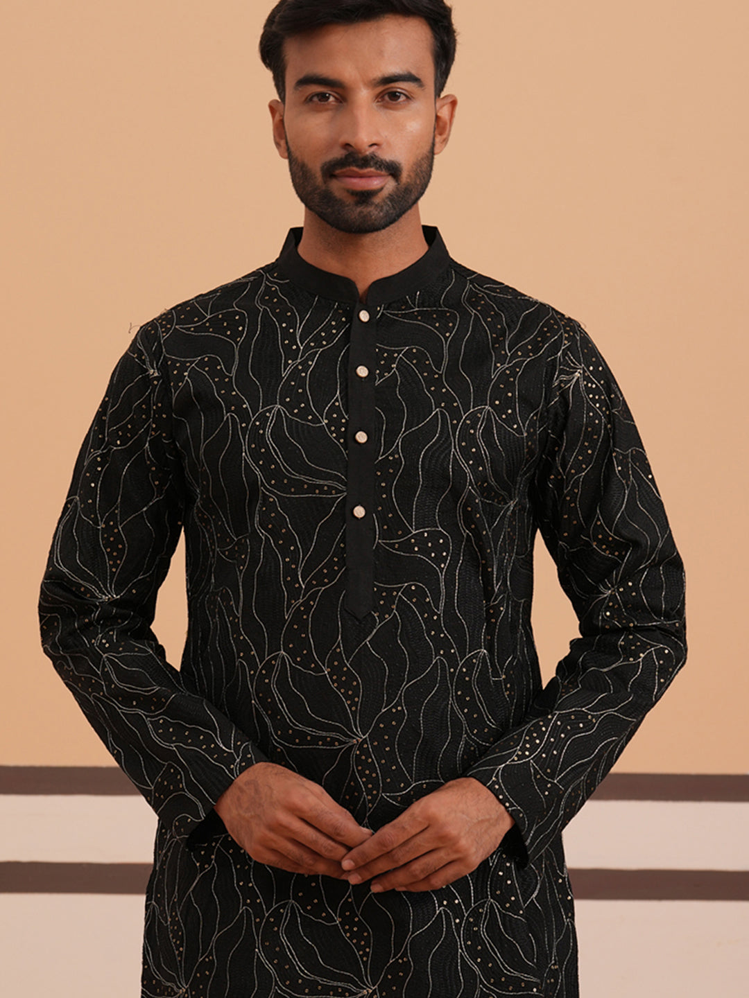 DesiQlo Men Embroidered Kurta Only - Black - 65KO_5340Black_S