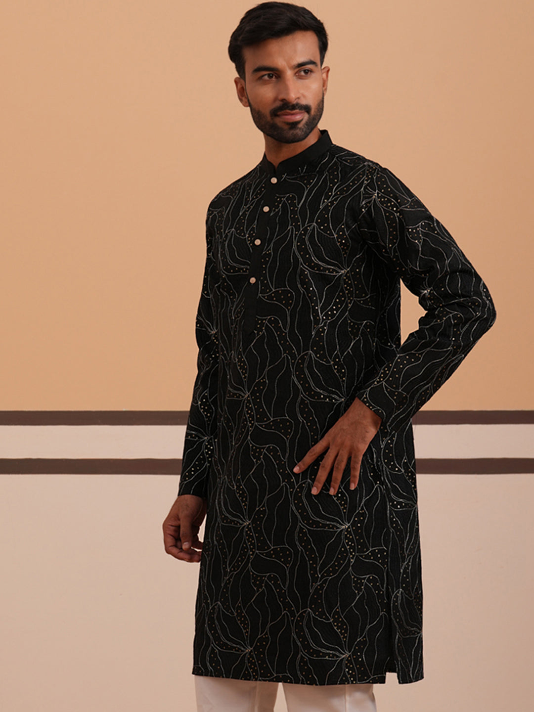DesiQlo Men Embroidered Kurta Only - Black - 65KO_5340Black_S