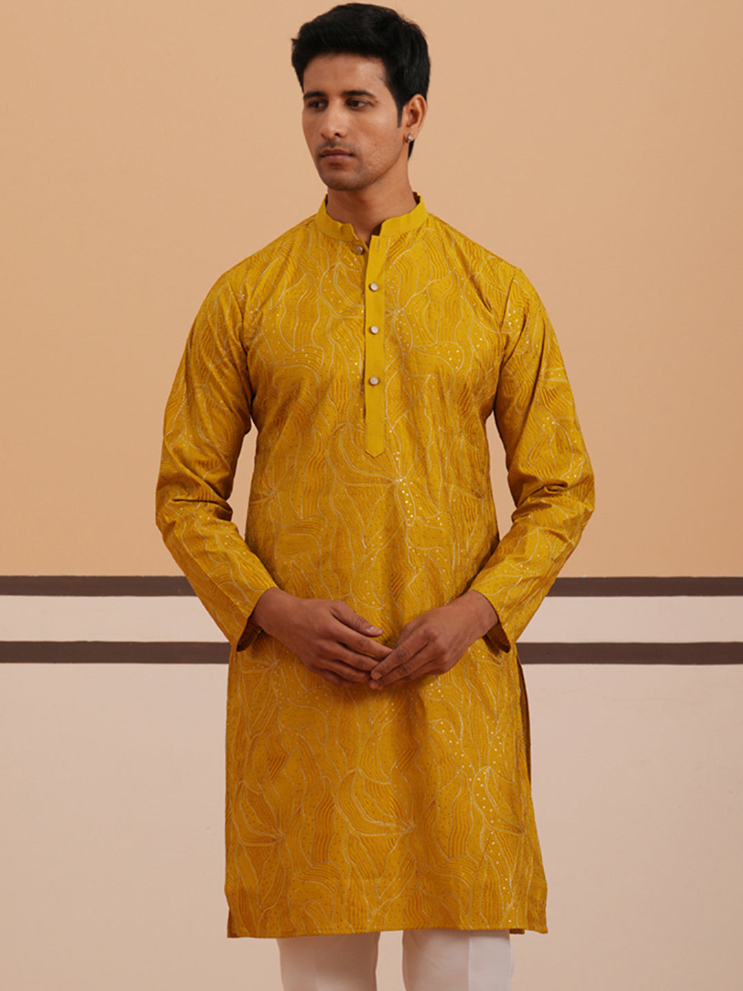 DesiQlo Men Embroidered Kurta Only - Yellow - 65KO_5340Mustard_S