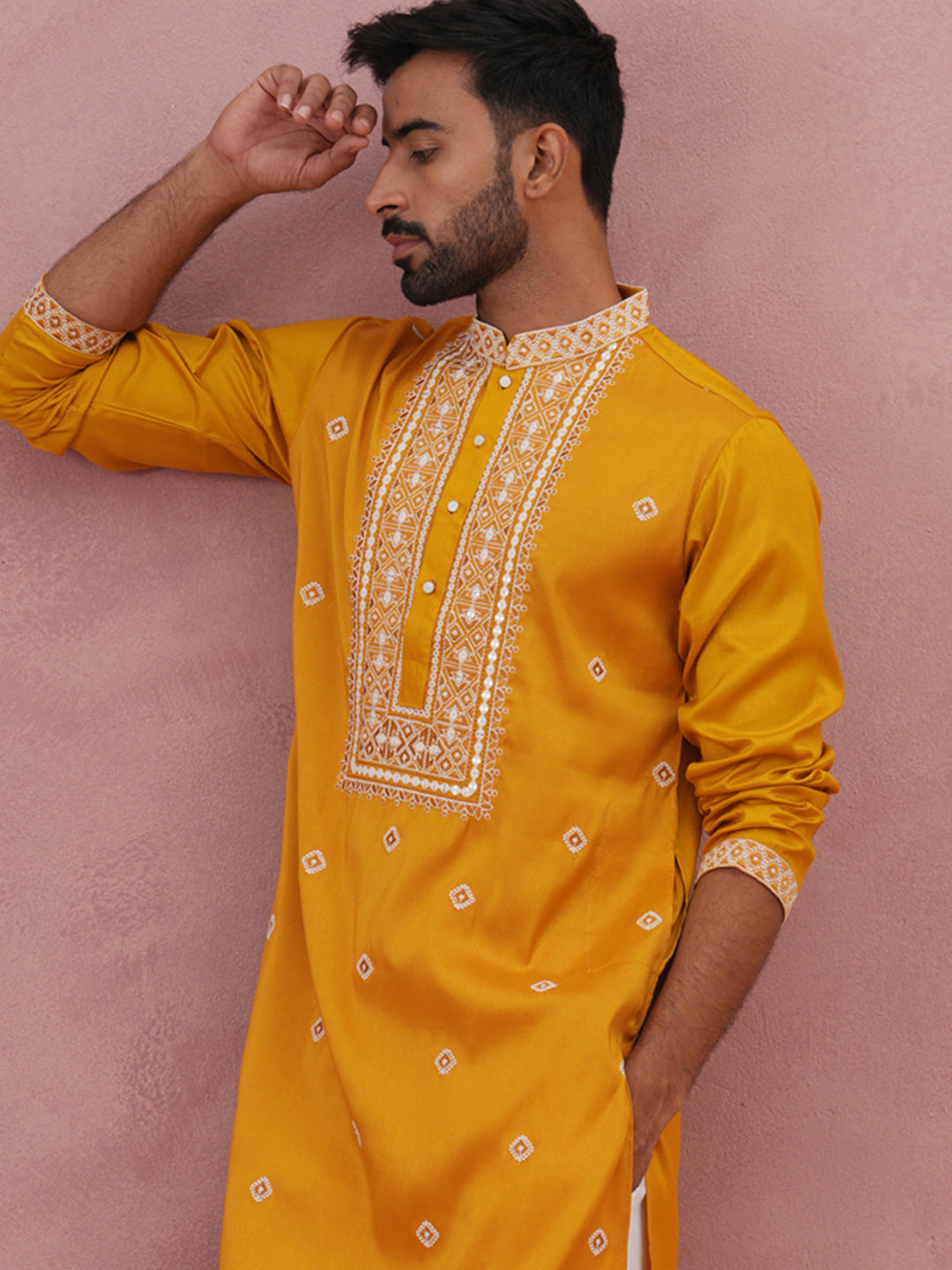 Men’s Ethnic Silk Blend Embroidered Kurta ( 65KO 5341 Mustard ) [FF] [A-1-4]