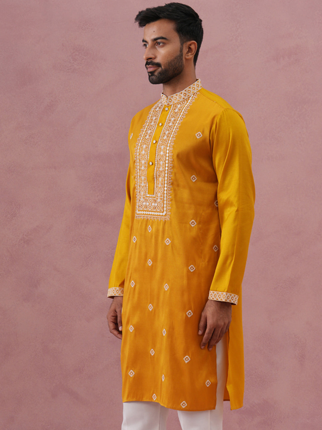 DesiQlo Men Embroidered Kurta Only - Yellow - 65KO_5341Mustard_S