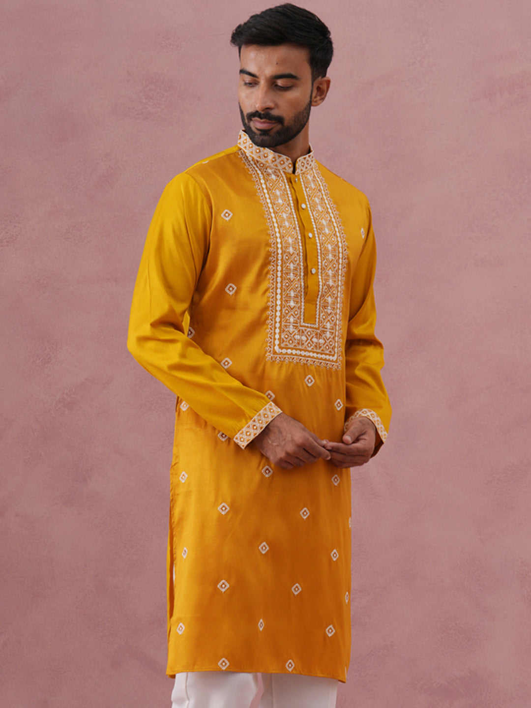DesiQlo Men Embroidered Kurta Only - Yellow - 65KO_5341Mustard_S